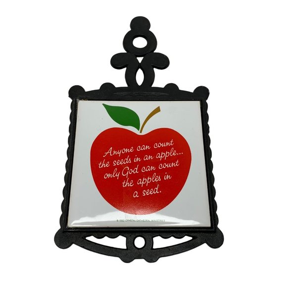 Vintage Tile Trivet Metal Wall Hanger Apple Decor Apple Seed God Faith Quote - Picture 1 of 5